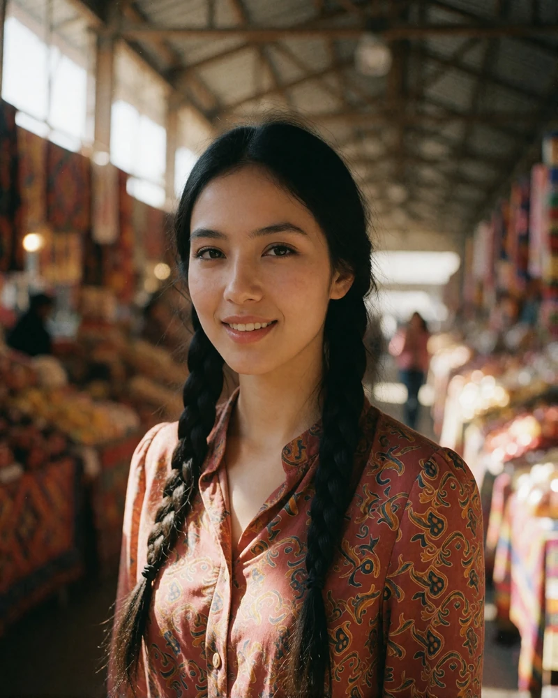 Kyrgyz woman with long braided hair smiling softly in a sunlit covered market corridor