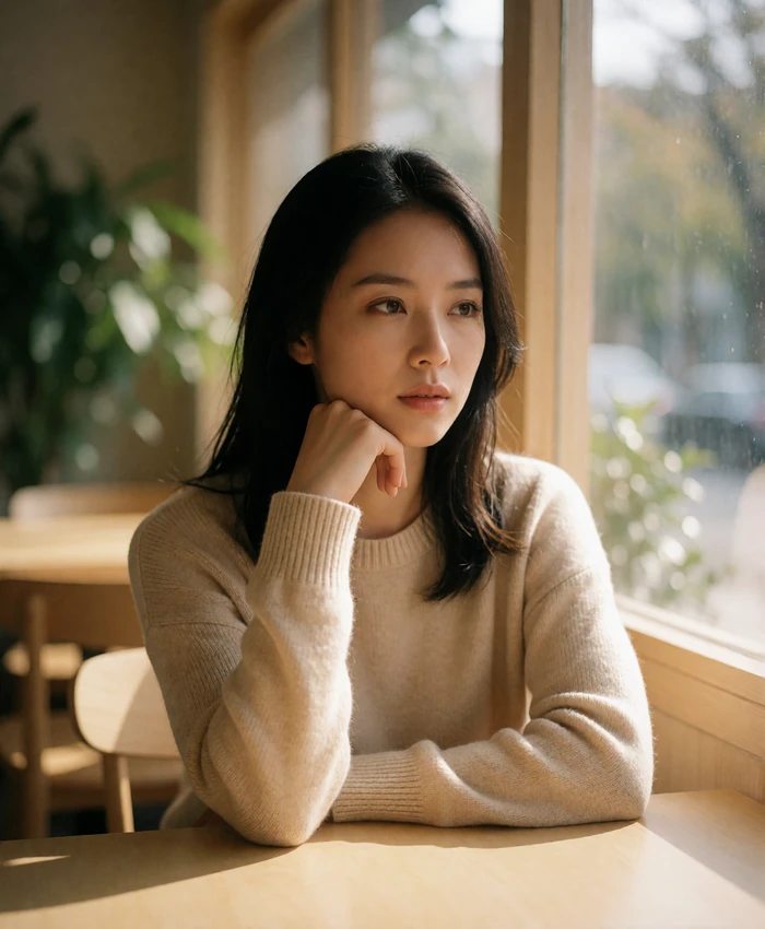 Taiwanese woman seated at a bright café window with daylight across her face and a thoughtful expression