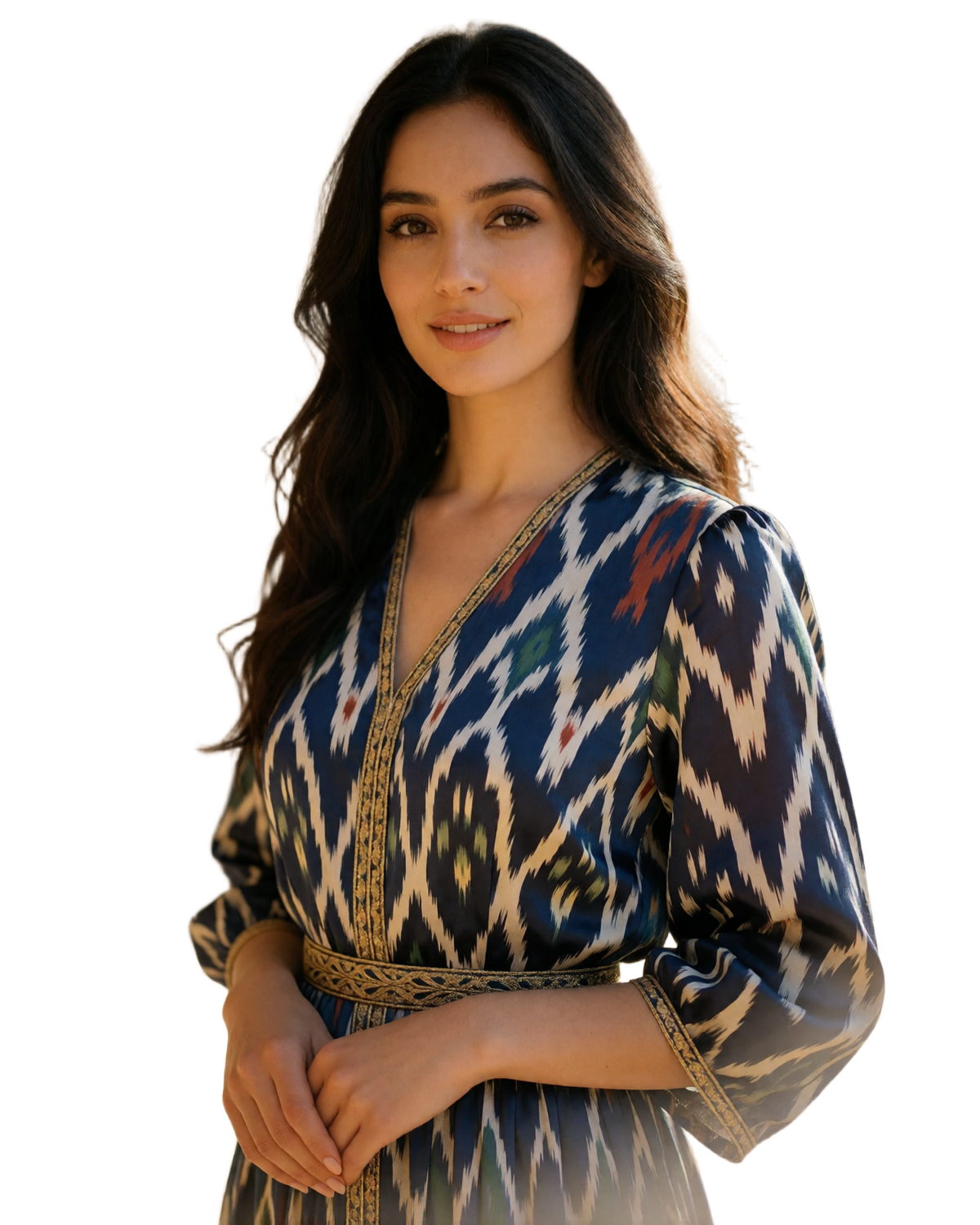Elegant Uzbek woman in her late twenties wearing a vivid ikat-patterned silk dress with gold-threaded trim, smiling warmly