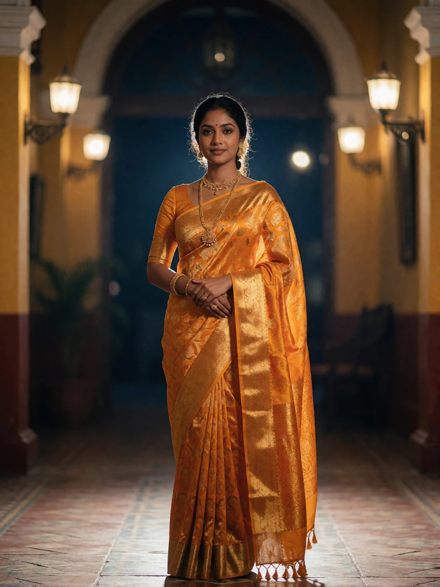 Sri Lankan woman in an ornate saffron and gold saree standing in a warmly lit colonial-style interior