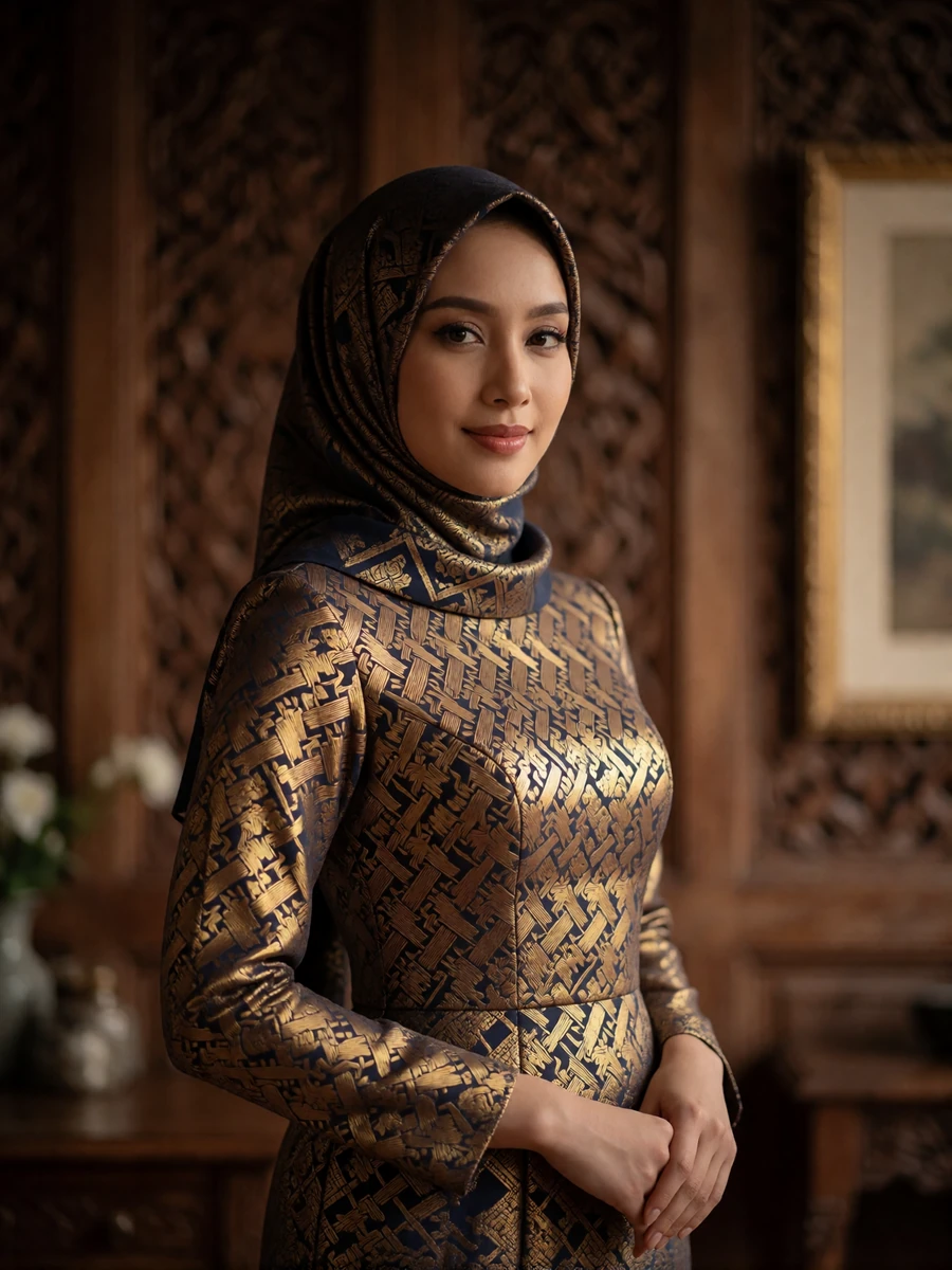 Bruneian Malay woman in a richly woven gold and bronze ceremonial dress standing in a warmly lit traditional interior