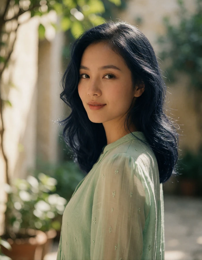 Vietnamese woman in a sage green blouse glancing over her shoulder in a sunlit courtyard garden