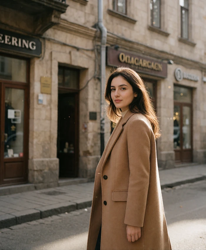 Stylish Armenian woman in a camel wool coat walking along a quiet old-town street