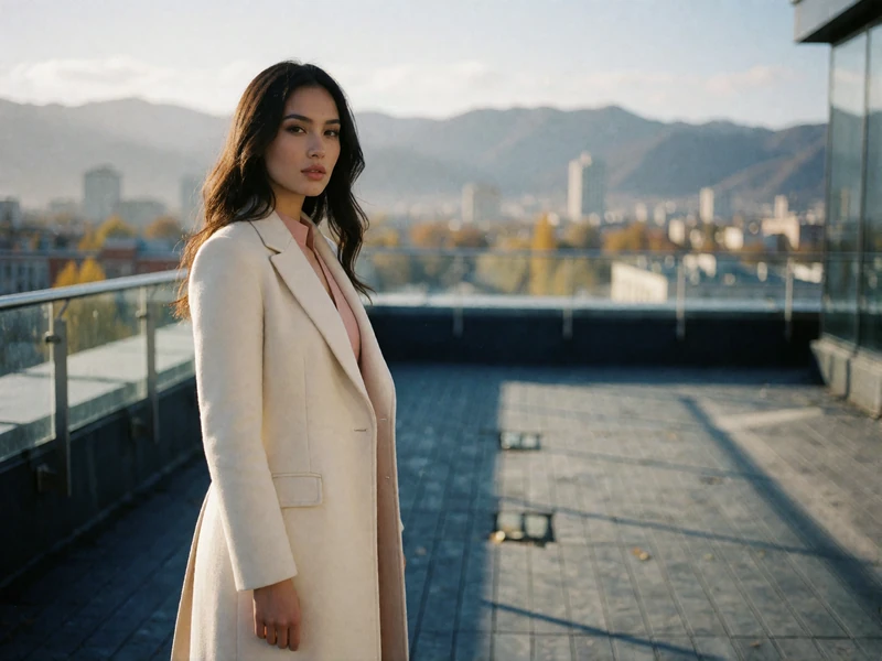 Kazakh woman in an ivory coat standing on a city rooftop terrace with mountains in the distance