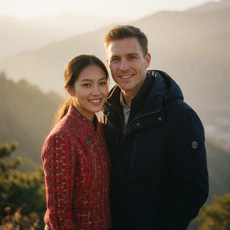 A Bhutanese woman in a woven red jacket standing close beside a Western man at a mountain viewpoint at golden hour