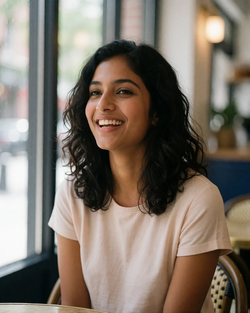Indian woman with wavy dark hair laughing softly near a sunlit café window