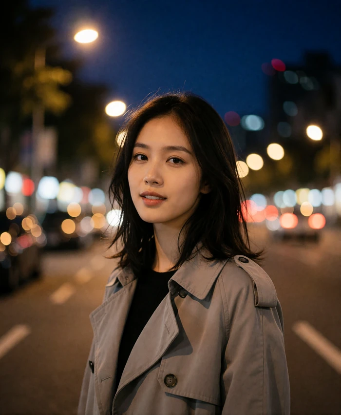 Young Taiwanese woman with shoulder-length dark hair standing on a quiet Taipei street at blue hour with warm bokeh lights