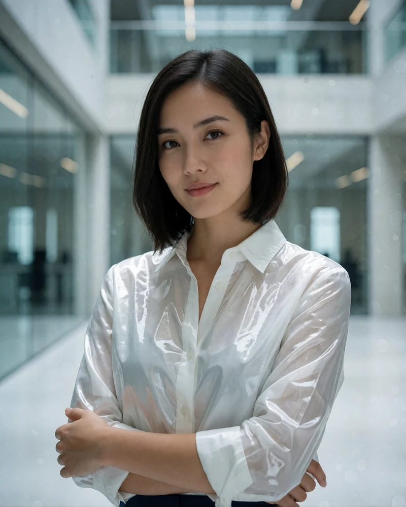 Singaporean Chinese woman in her late twenties with a sleek dark bob smiling in a bright office atrium