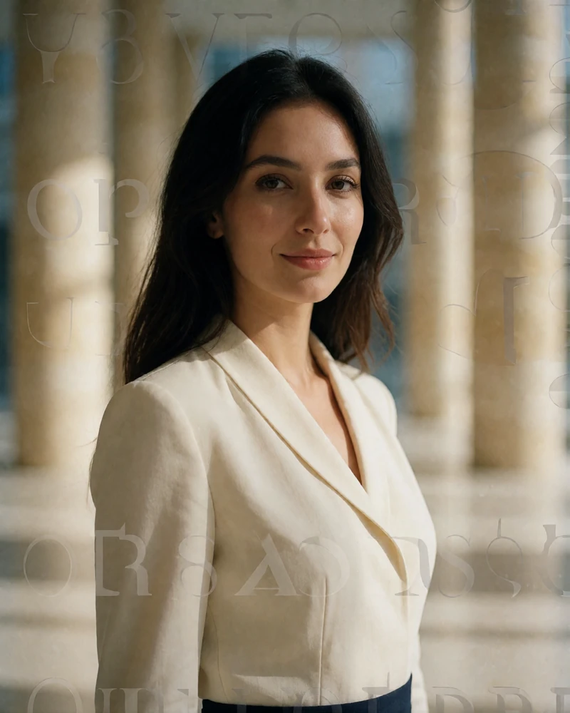 Uzbek woman in her mid-twenties in a tailored cream blouse standing in a bright modern city interior