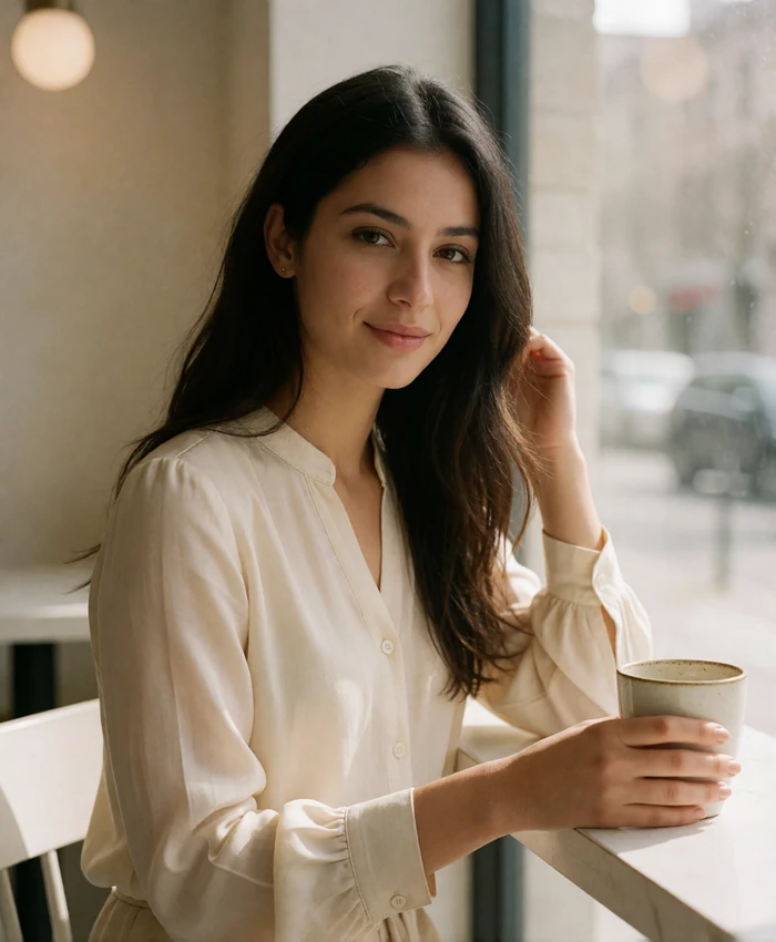 Young Jordanian woman with long dark hair in an ivory blouse smiling at a bright café window seat