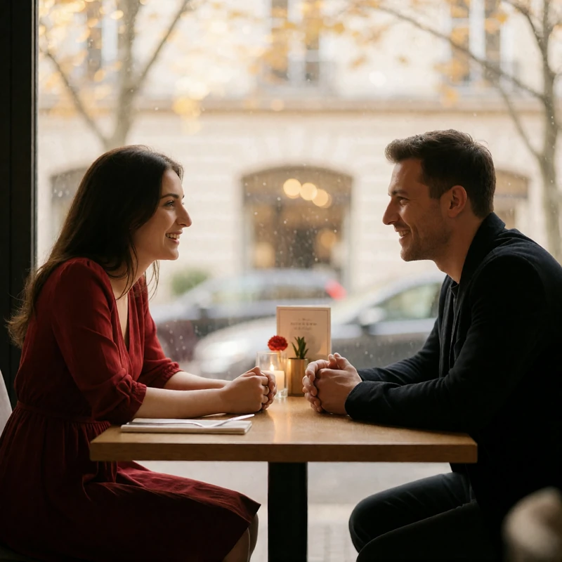 Armenian woman in a deep-red dress and a Western man in a dark jacket sharing a quiet laugh across a restaurant table