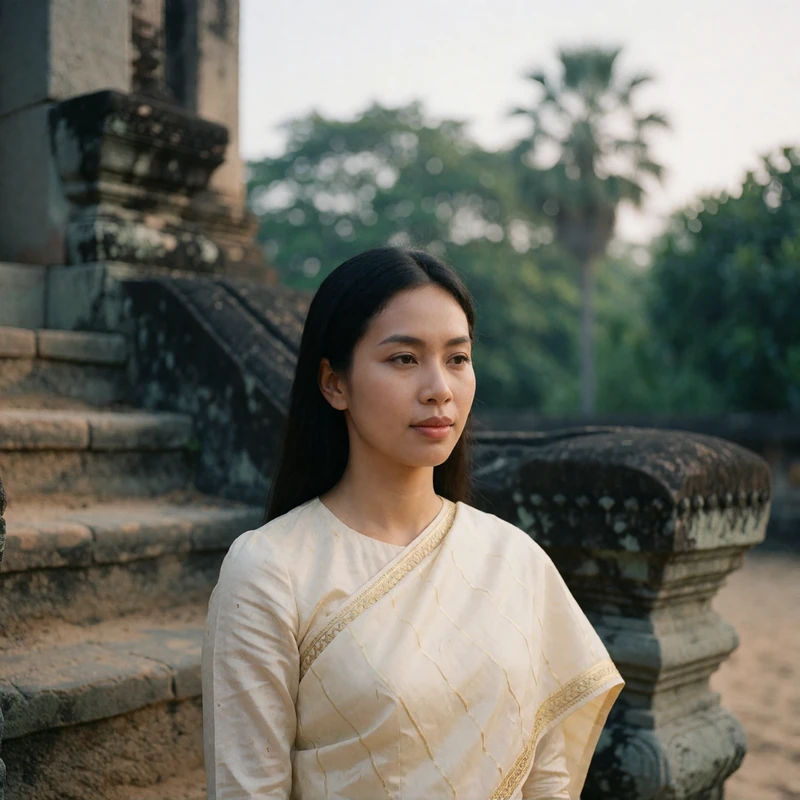 Cambodian woman standing serenely near weathered sandstone temple steps in early morning light
