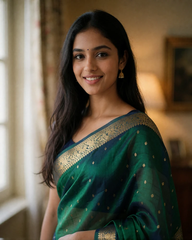 Young Indian woman in an emerald green saree with a gold border smiling warmly indoors