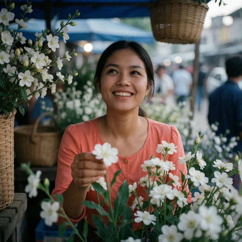 Myanmar woman choosing fresh flowers at an open-air market stall with a spontaneous smile