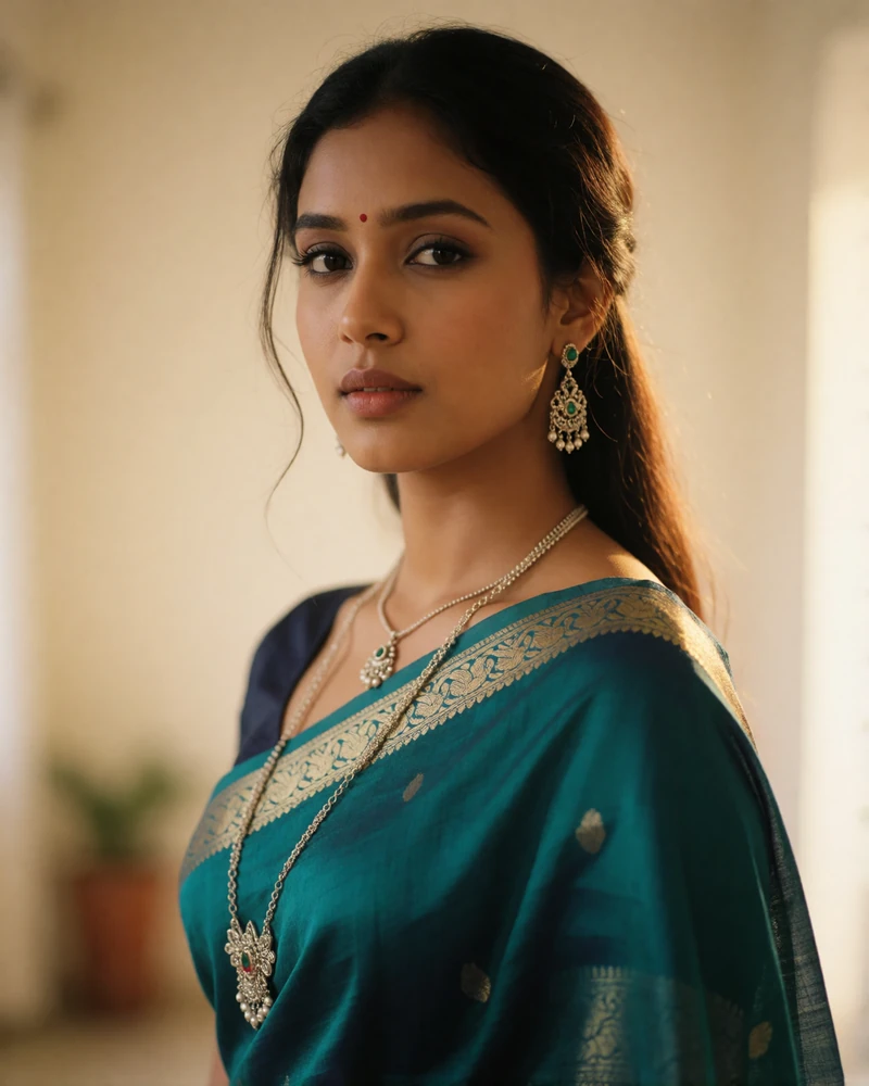 Bangladeshi woman in her twenties wearing a teal silk saree with delicate silver jewelry and a calm confident expression