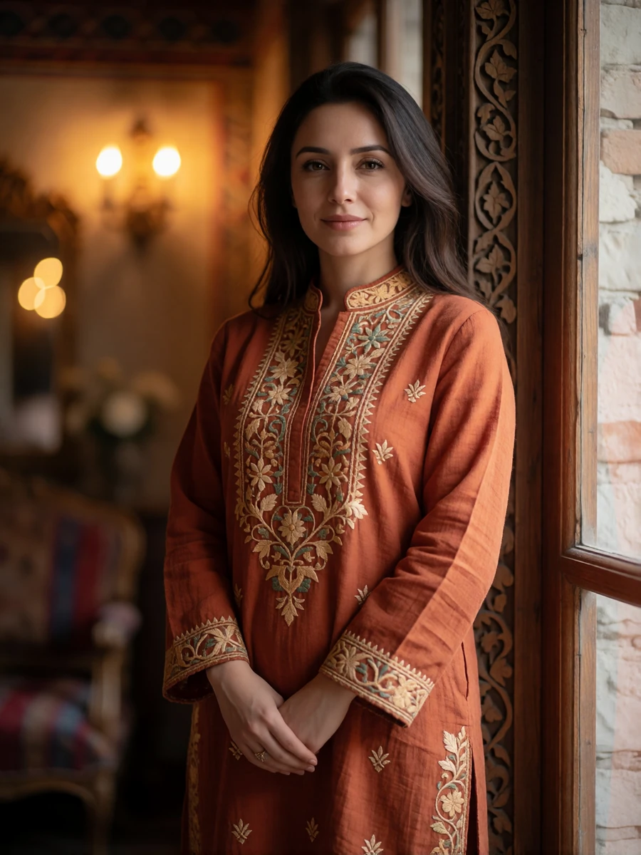 Armenian woman in a rust-orange embroidered tunic standing in a softly lit traditional interior with carved wooden detail