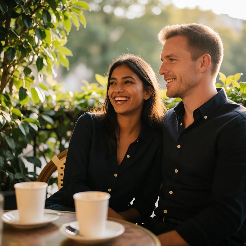 Sri Lankan woman laughing softly beside a Western man on a leafy café terrace