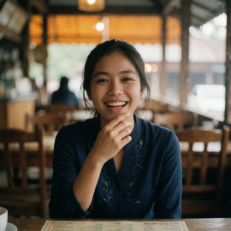 Young Myanmar woman laughing softly in a bright traditional teahouse interior